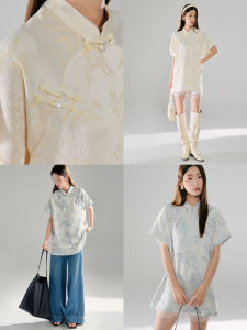 New Chinese Style Short Dress with Collar Uare Original Design Mountain Landscape Embroidery Button Detailing Summer Commute Wear