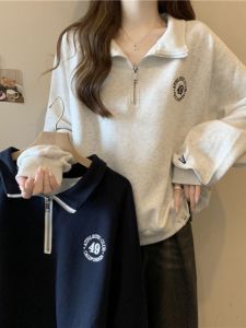 Embroidered POLO Collar Long Sleeve Slim Fit Womens Pullover Vest Spring Autumn Thin Section Loose Type Cotton Polyester Blouse