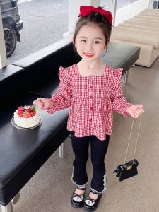 ชุดเดรสผ้าฝ้ายลายสก็อตสไตล์เกาหลีสำหรับเด็กผู้หญิง ชุดสองชิ้น ฤดูใบไม้ผลิและฤดูใบไม้ร่วง ชุดแฟชั่น