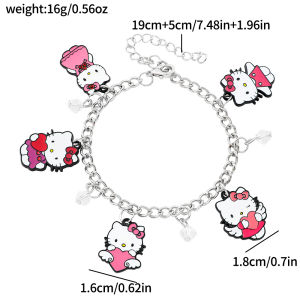 Sanrio | Hello Kitty Multi-Charm Bracelet Zinc Alloy with 5 Heart & Angel Kitty Enamel Charms Adjustable Silver Chain for Fans