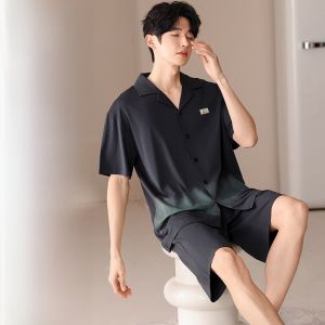 Miiow | Lightweight Breathable Summer Pajamas Mens Home Clothes Short Sleeve Cotton Blend Ice Silk Comfortable Sleepwear For Youth