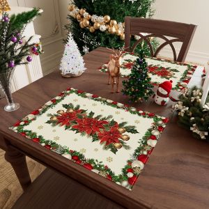 Bộ Thảm Trải Bàn Giáng Sinh VIKAMA - Hoa Và Bông Tuyết Trang Trí Bàn Ăn 4/6/8/10 Chiếc Hình Chữ Nhật Vải Trang Trí Nhà Bếp Cho Bữa Tiệc Tại Nhà