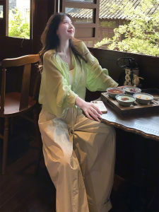 XUECAIQI | Fashionable Relax-fit Leisure Green Shirt Vest Wide-leg Pants Set Female