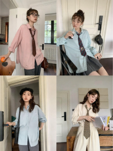 NIHAOKANONG | Áo Sơ Mi Phối túi Đơn Giản Màu Trơn Dành cho Phụ Nữ Béo dáng Ngắn