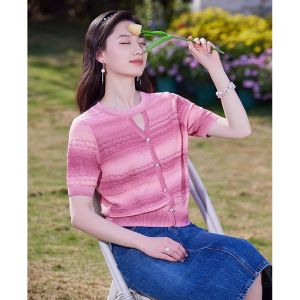 WANGGONGZHU | Ice Silk Short Sleeve Knitted Summer Thin Gradient Hollow Out Design Womens Top Slimming Effect Korean Style Commute Fashion