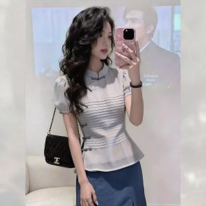 KUNAILIN | New Chinese Style Snap Button Grey Womens Blouse