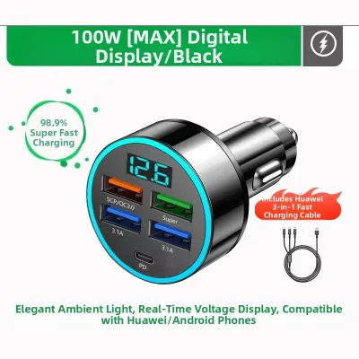 Fast Charging Adapter Car Charger Extendable Cable Triple Output