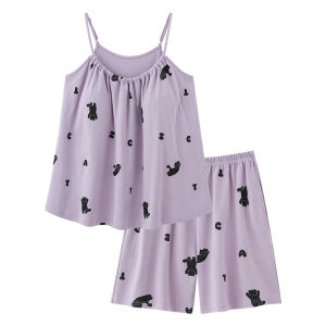 Bộ đồ ngủ MiiOW Cat Person vải cotton không tay cổ tròn quần short thoải mái.
