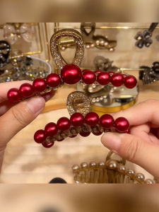 Large Size Red Bebe Pearl Hair Clip Elegant Fashionable Womens Hair Accessories Sweet Style Diamond Crystal Embellished