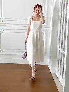 summer beach girl black dress korean style casual elegant dress loose white long dress plus size dinner dress women for party cocktail formal dress simple square neck aesthetic plain fit princess dress 白色連衣裙氣質