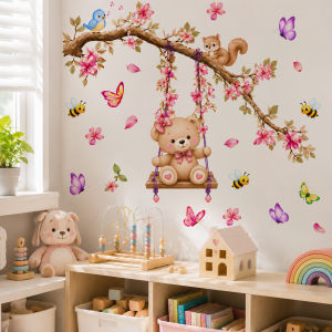 Boho Cute Teddy Bear Rabbit Swinging Wall Stickers Decal Kids Room Nursery Decor Children Bedroom Home Office Wall Decoration