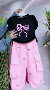 Korean Style Terno Set for Kids Girls 5-12 Years Old Cute Coquette Casual Outfit Ribbon Crop Top + Baggy Pants Set for Girls