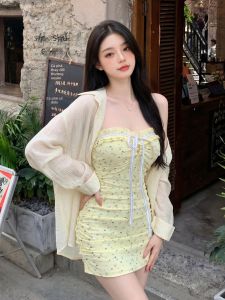 GUZILIAN | Mature Style Bow Floral Tube Dress Long Sleeve Polo Shirt Set