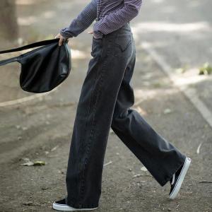 Retro High Waist Casual Straight Leg Jeans Womens 2025 Slimming Elastic Wide Leg Long Pants Autumn New Style Casual Jeans