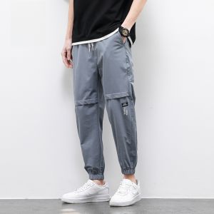 ROMON | Lormen Ice Silk Mens Casual Pants Summer Thin Loose Cuffed Workwear Sports Elastic Nine-Tenths Pants Youthful Vitality Style
