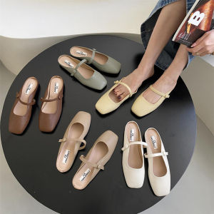 🤍beauty shoes🤍รองเท้าล่อของผู้หญิง รองเท้าแตะครึ่งเท้าสี่เหลี่ยมย้อนยุค รองเท้าผู้หญิงหัวเข็มขัดแบนนุ่มสบาย จับคู่ได้ง่าย