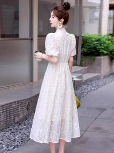 Elegant White Cheongsam Dress Womens Fashionable Chinese Style High Waist A-Line Skirt Short Sleeve High Collar Summer New