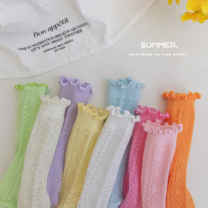Girls Cotton Socks Pure Cotton Spring Summer Thin Baby Wooden Edge Mid-Calf Socks Trendy Children Mesh Lace Edged Socks