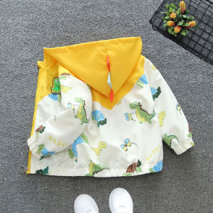 Mens and Womens Baby Spring and Autumn Coat Hooded Tops 2024 New Arrival Children Korean Style Windbreaker Patchwork Dinosaur Jacket Tide