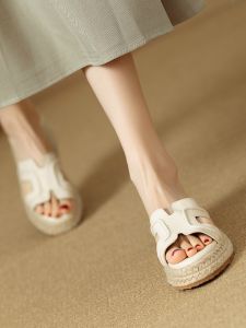 Womens Genuine Leather Soft Bottom Sandals High Heels Thick Platform Orange Straw Woven Summer Outdoor Slippers