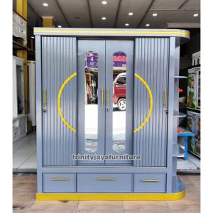 Lemari Pakaian 4 Pintu Rak Samping Bahan Multiplek/Trinityjayafurniture