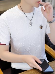 ROMON | Lormen Mens Short Sleeve T-Shirt Summer Thin Ice Silk Knitted Base Shirt Fashionable Urban Style Round Neck Embroidered Top