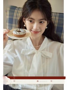 ORWhite Silk Cotton Butterfly Knot White Top French Vintage Sash Shirt Long Sleeve Womens Straight Tube Button up Pure Color