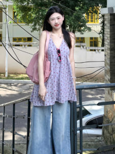 YUEZHONGWEI | Áo ba lỗ không tay cổ chữ V màu tím hoa kiểu Pháp cho nữ mùa hè áo khoác ngoài đi biển dáng rộng dài vừa phải mặc thường ngày