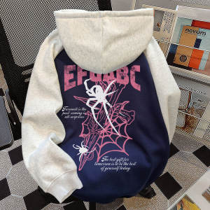 Áo Nỉ in Hình Tay Lửng American Color Block Hoodie Áo Nỉ Dài Tay Thời Trang Mới Áo Nỉ Cổ Tròn Tay Lửng Phong Cách Đường Phố