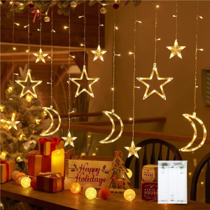 3.5M Star Moon Curtain String Lights Battery Powered Christmas Garland Lamp Hanging Ramadan Light String for Room New Year Decor