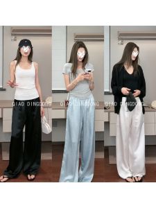 Qiodingdong 3.0 Full Acetate Upgrade Cool Pants Women Summer Cooling Long Trousers Straight Leg High Waist Elastic Waistband