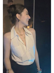 White Collarless Sleeveless Shirt Women Summer French Elegant Design Sensation Shoulder Vest Elegantly Turned down Collar Chiffon Top