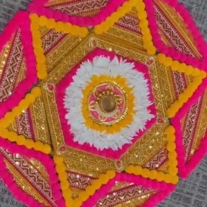 Handmade Artificial Marigold Rangoli 13-Pcs Set with Tealight Holder | Diwali Gift Pooja & Festive Decor | Yellow & Pink (Size - 23 Inches)