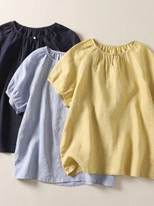 Summer Thin Linen Shirt Womens Short Sleeve Pleated Unique Korean Style Artistic Pure Color Commute Vintage Loose Fit Top