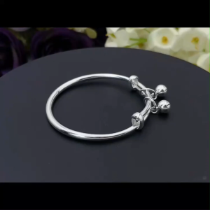 SilverWholesale #BGC1157 Pure Silver 999 Newborn Baby Bangle – Simple & Elegant Design Expandable with Dual Bells – 999足银光面简约设计双铃铛