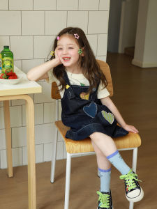 Summer Childrens Denim Overalls Set Baby Girls 2pc Outfit Cotton Polyester Blend Korean Style Daily Wear AiShangLN