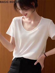 Basic House | Áo Thun Nữ Cổ Chữ U Tay Ngắn Lyocell Tencel Dáng Rộng