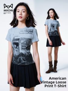 Miiow | Cat Lady American Print T-Shirt Women Summer Thin Round Neck Short Sleeve Retro Base Simple Casual Body Shirt Commute Style Cotton Polyester Blend