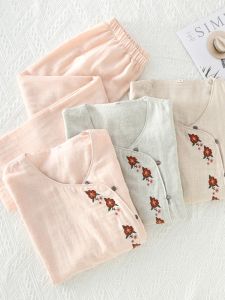 Chinese Style Embroidered Double Layer Pure Cotton Flannel Sleepwear Womens Spring Autumn Summer Nine Sleeve Cotton Home Clothes Set