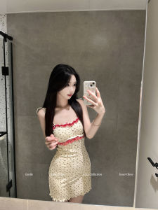 Sweet Floral Print Lace Trim Nightgown Womens Comfortable Loose Fit Strap Sleepwear Short Dress Style V-Neck Youth Size