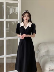 Váy Dài Chữ a Màu Đen Cổ Polo Cạp Cao Kiểu Pháp Cho Nữ Mùa Hè 2025 Váy Midi Dáng Rộng Ôm Sát Cơ Thể Cỡ Lớn