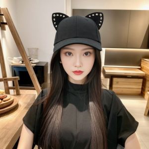 Fashionable Cat Ear Baseball Cap Womens New 2025 Rivet Horse Riding Hat Wide Brim Cotton Outdoors Sweet Cute Style Hat
