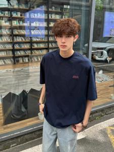 Retro Japanese Print Short Sleeve Mens T-Shirt Summer Heavyweight Pure Cotton Loose Simple round Neck Base Body Shirt