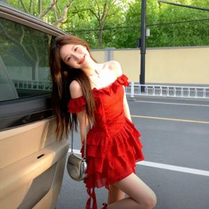 CHANGTONG | Atmospheric Style Elegant Off-Shoulder Red Dress