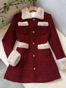 แจ็คเก็ตขนเป็ดสีแดงสไตล์ย้อนยุคสำหรับผู้หญิง เสื้อโค้ทขนสัตว์ฤดูหนาว เสื้อคลุมกันหนาวแบบสวมหัว แจ็คเก็ตขนเป็ดคอปกสีแดง