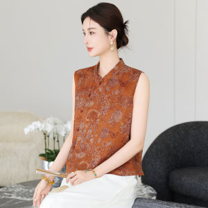 OUSHILU | 100% Silk Floral Print Sleeveless Mandarin Collar Summer Blouse