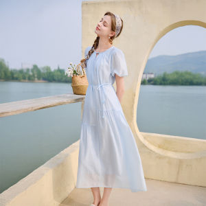 XIANGYING | Bell Sleeve Light Blue Holiday Style Ocean Belted Tencel Dress
