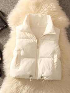 Womens White Casual Bread Coat Jacket 2024 Winter Thickened Zipper Short Length Pure Color Commute Style Vest Tank Top