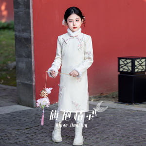 New 2025 Childrens Cheongsam Winter Long Sleeve Traditional Chinese Style Dress for Little Girls Poly Fiber Mid-Length Cheongsam