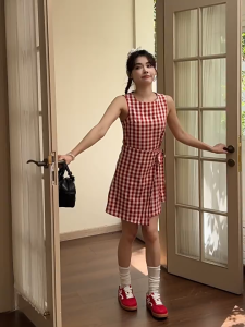 Korean Sleeveless Round-Neck Waist Silm Bow Tie Strap Plaid Dress For Women